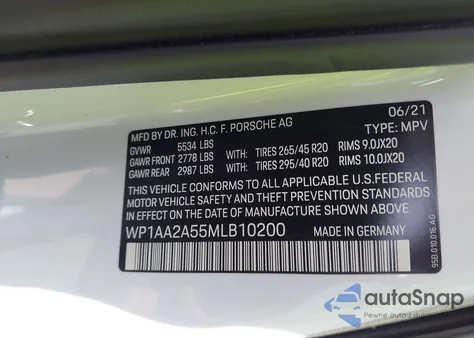 2021 Porsche Macan z USA, uszkodzony, nr VIN WP1AA2A55MLB10200